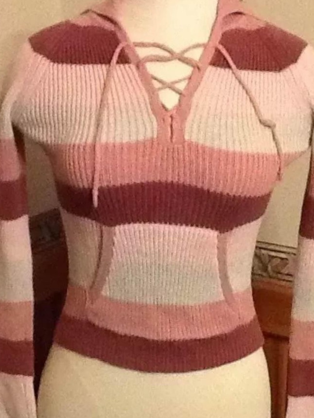 Old Navy Striped Lace-Up V-Neck Sweater in Pink and Rose